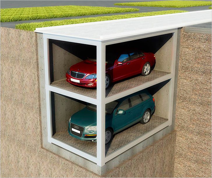 Так можно парковать автомобили, если сделать подземный гараж с лифтом